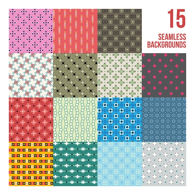 Stort sæt med 16 farverige pixelerede mønstre. Barnlig stil. Nyttig til indpakning og tekstildesign.