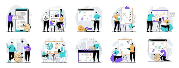 Strategic planning web concept with people scenes mega set in flat design Bundle of character situations with generating ideas analyze statistics creating strategy and target Vector illustrations