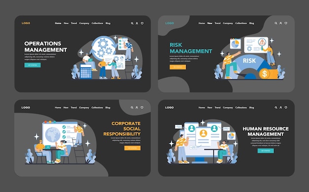 strategy and management night or dark mode web or landing page set presenting operations risk
