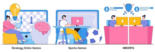 Strategy Online Games Sports Games MMORPG with People Characters Illustrations Pack