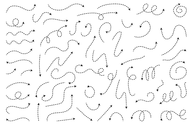 Streckad pil set. Vektor doodle pricklinje. Tunna pekarpilar.