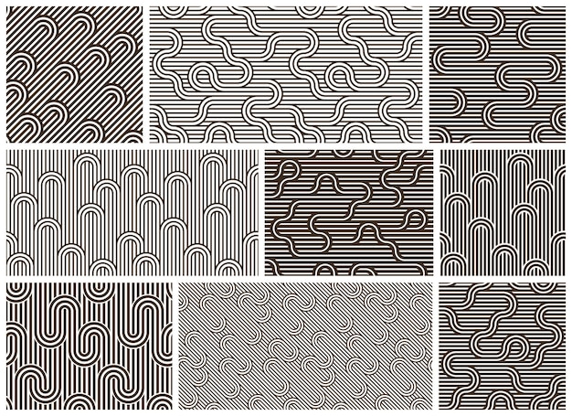Stripy vector seamless patterns with woven lines, geometric abstract backgrounds set, stripy net, optical maze, web network.