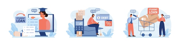 student debt set young graduated character with a financial crisis expencive education loan payment