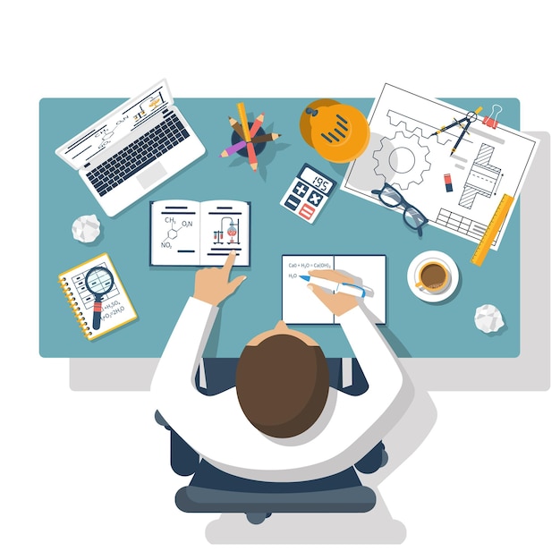 student learns at the table concept distance education elearning study process desk with objects