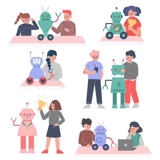 Students Creating Robots Set Boys and Girls Engineers Characters Working on Future Technology Educational Project Cartoon Style Vector Illustration