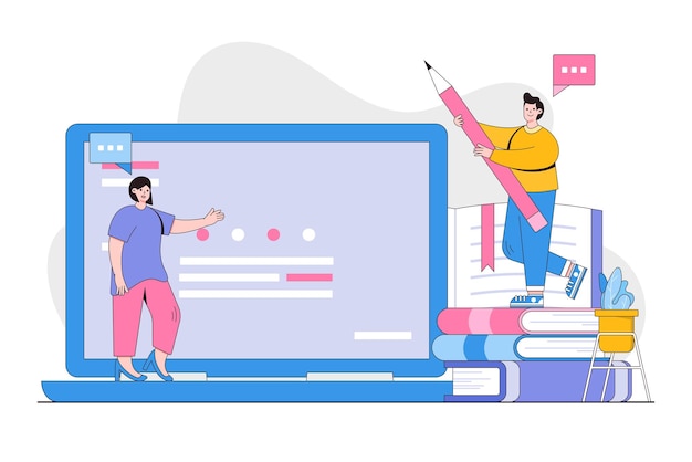 Students elearning webinar online video training tutorial podcast concept Outline design style minimal vector illustration for landing page web banner infographics hero images