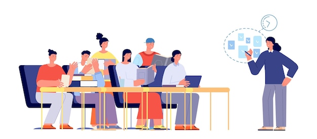 Students study People sitting at desk with books Business coaching meeting with young team for start up New knowledge self education and training vector concept