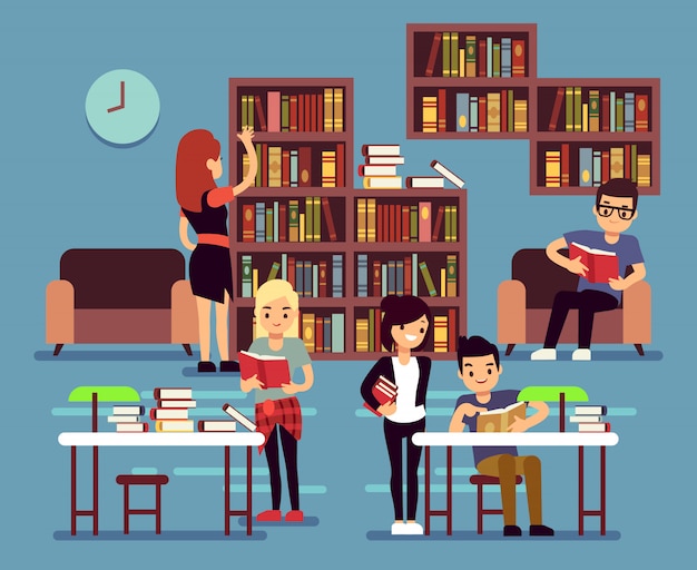 Studying students in library interior 