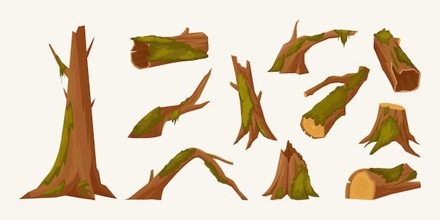 Stumps in moss forest taiga natural objects cartoon stumps covered with green wet moss vector