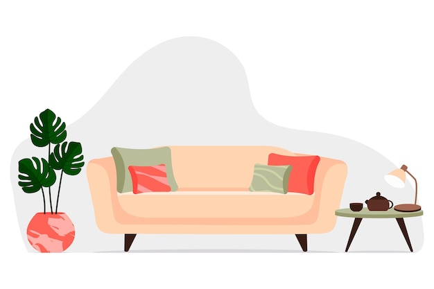 Stylish apartment interiors in Scandinavian style with modern decor. Cozy furnished living room. Cartoon flat vector illustration. Bright, stylish and comfortable furniture with indoor plants.