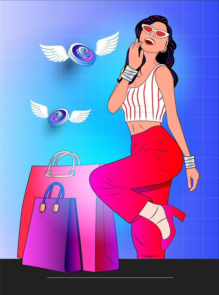 Vektör stylish woman shopping with vibrant bags and flying coins in modern art