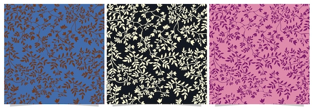Stylized colorful branches and leaves seamless pattern set
