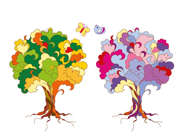Stylized tree in different colors with a butterfly and a bird on a white background