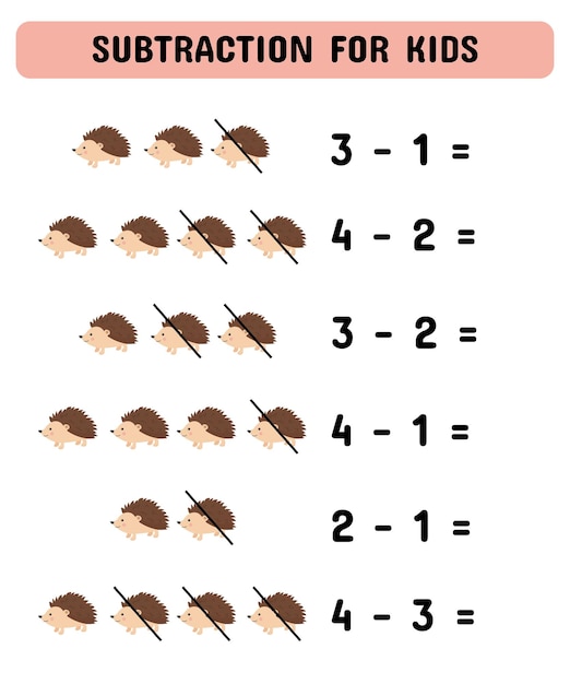 Subtraction game with cute hedgehogs Educational math game for preschoolers kindergarten