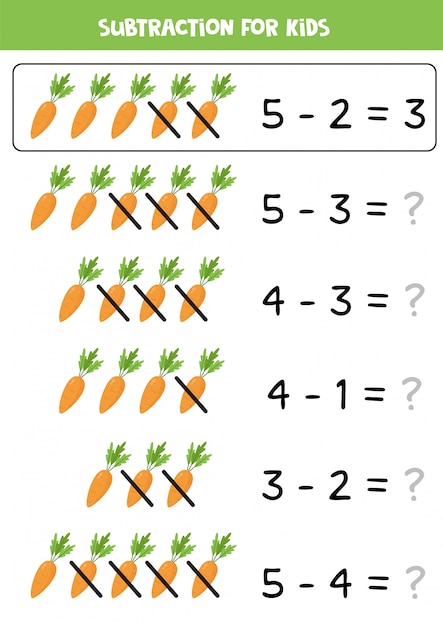Subtraction with cartoon carrots. Math game for kids.