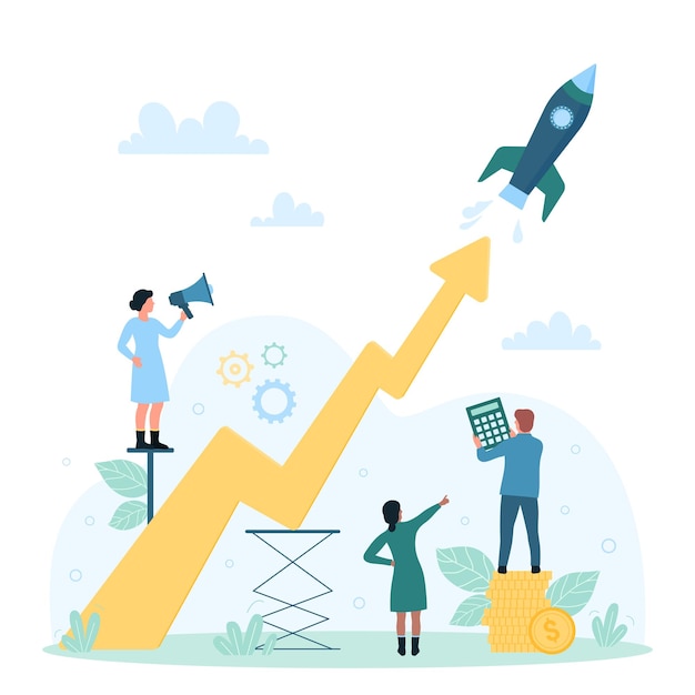 Success business startup tiny people launch fast rocket with chart arrow growth