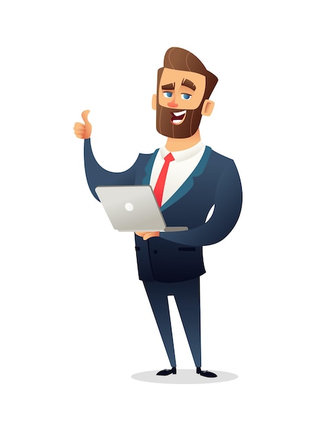 Successful beard businessman character in suit holding a laptop and gives thumb up Business concept illustration