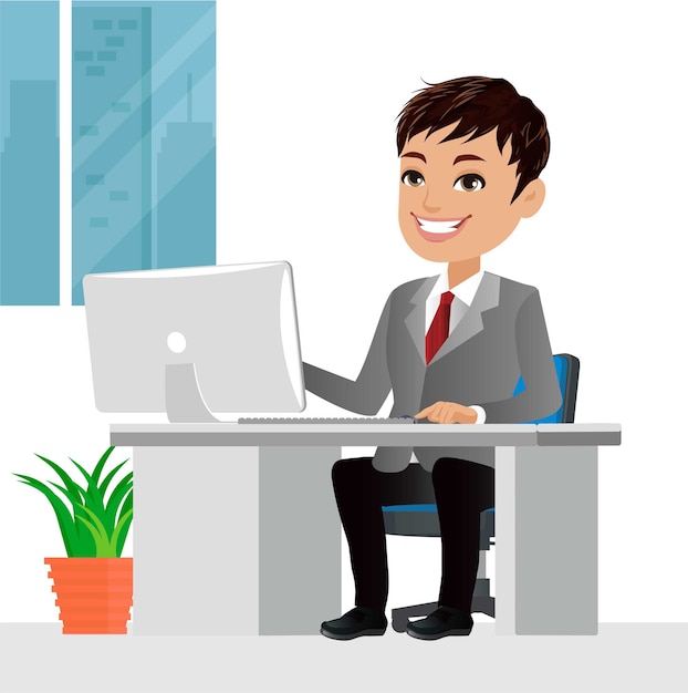 Successful business people character working on a laptop computer at office desk Business concept illustration