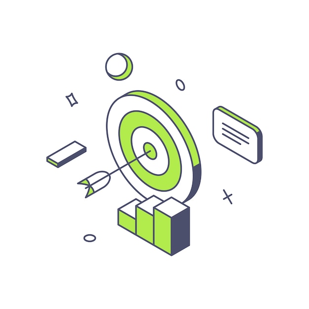 Successful corporate marketing strategy goal achievement data analyzing 3d icon isometric vector illustration Business competition winning accuracy target dartboard arrow Leadership solution idea