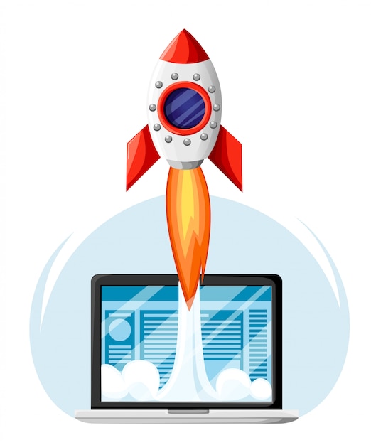 Successful startup business concept. Laptop with Rocket Start. Business Project development, website promotion.  illustration in  style. Website page and mobile app 