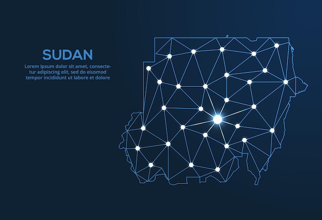 Sudan communication network map Vector low poly image of a global map with lights in the form of cities Map in the form of a constellation mute and stars