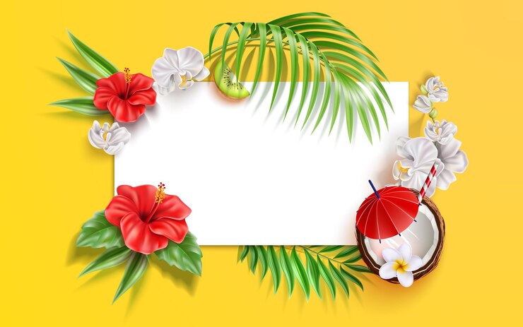 Vektör summer background with realistic tropical flowers leaves and fruits vector hibiscus white orchid