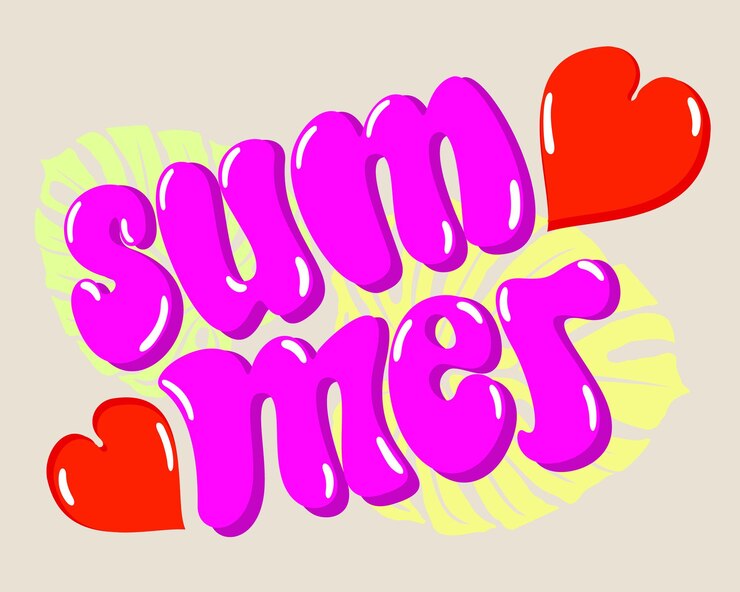 Vektör summer bright pink vector lettering with hearts and monstera leaves on light beige background