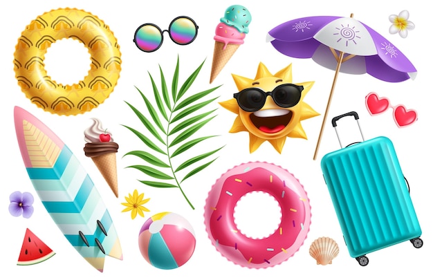 Summer elements icon clipart set Summer colorful objects like inflatable ring surfboard umbrella