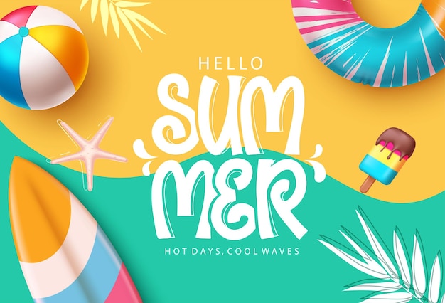 summer greeting text with summer vector elements in yellow and green abstract background