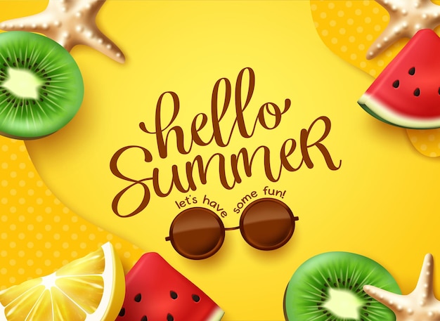 summer greeting vector background design hello summer text in yellow space with watermelon kiwi