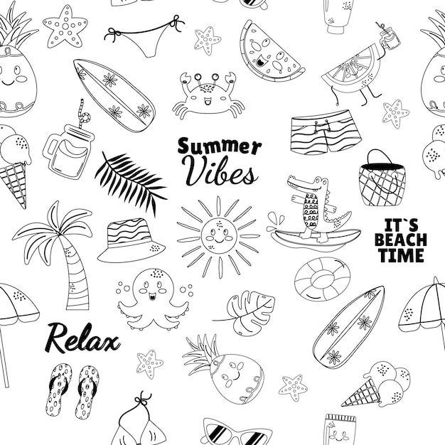 Summer outline pattern cartoon elements flat style
