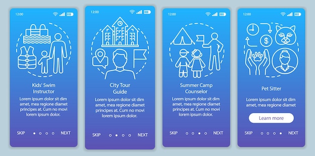 Summer parttime jobs blue onboarding mobile app page screen vector template