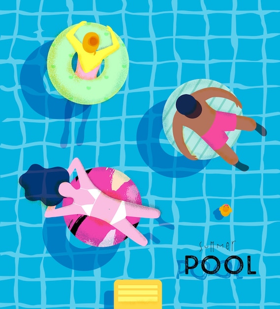 Summer pool poster with pool and people swimming