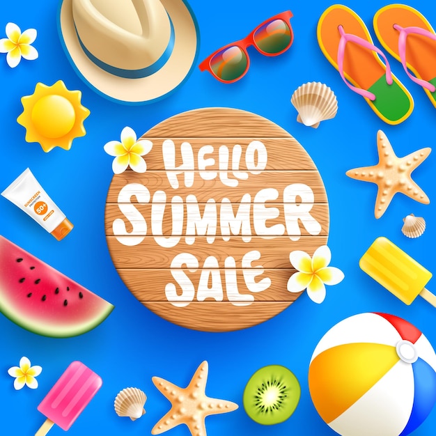 Summer sale banner with beach accessories wood sign board