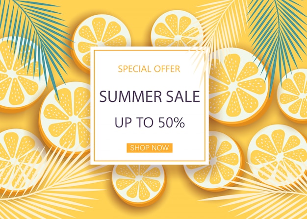 Summer sale banner with symbols for summer time such as oranges, ice-cream.Vector illustration of discount template card, summer wallpaper, summer flyer, invitation, summer poster