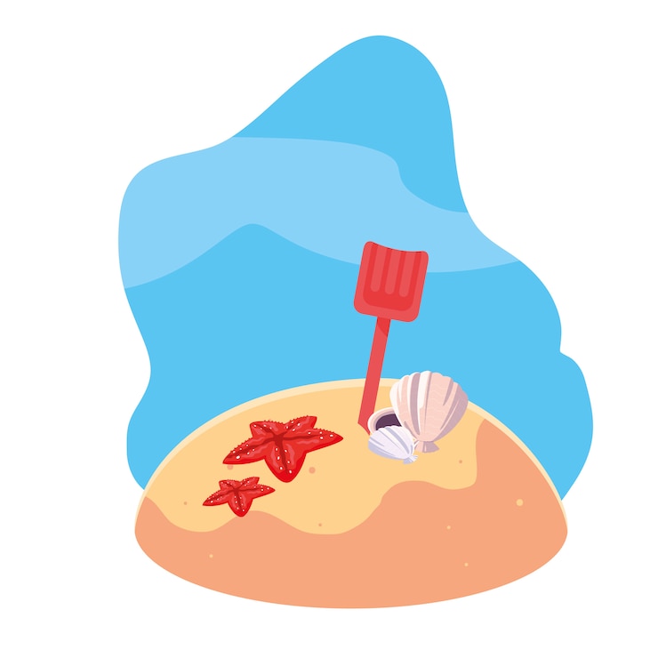 Vektör summer sand beach with shovel and icons scene