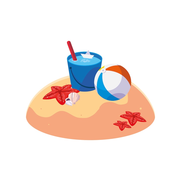 Vektör summer sand beach with water bucket scene