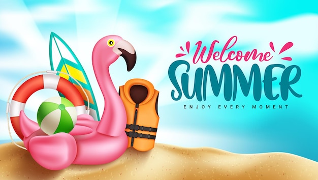 Summer season vector design Welcome summer greeting text with flamingo and tropical objects