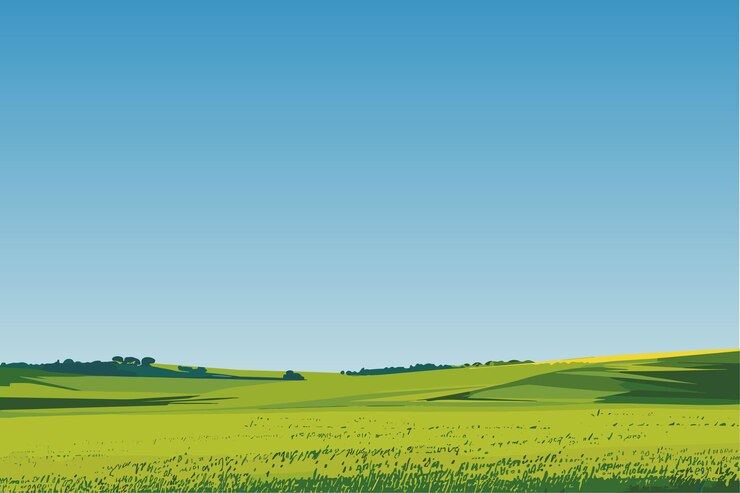 Vektör summer spring landscape with blue sky above green meadows and pastures poster background wallpaper invitation template vector illustration