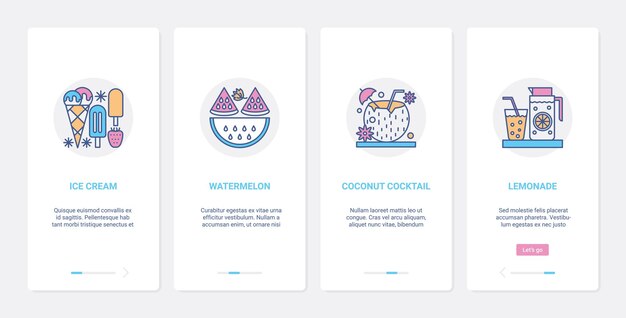 Summer sweet food and drink. UI, UX onboarding mobile app set ice cream gelato, drinking refreshing coconut cocktail and lemonade, fresh watermelon slices