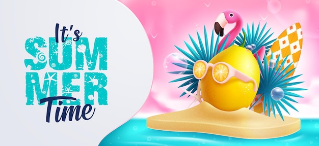 Summer time vector design. It's summer time text in empty space with lemon and flamingo element.