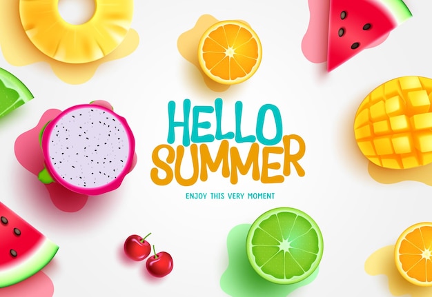 summer vector design. summer hello text with tropical fruits mango, lemon, orange and watermelon
