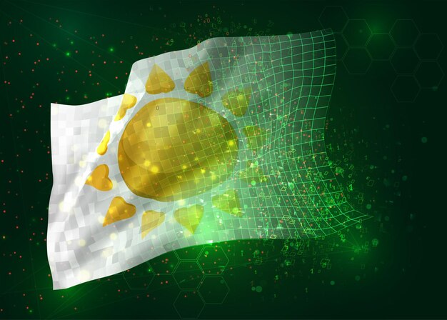 Sun on vector 3d flag on green background with polygons and data numbers