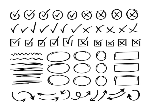 Super sæt håndtegnede flueben med forskellige cirkelpile og understregninger Doodle v tjekliste markeringer ikonpakke Vektor illustration