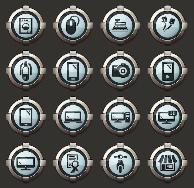 supermarket electronic vector icons in the stylish round buttons for mobile applications and web