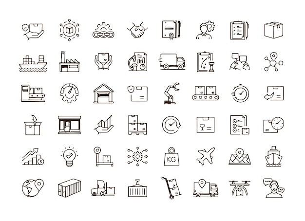 Supply Chain Management Line Icon Set Logistics Production Trade Planning