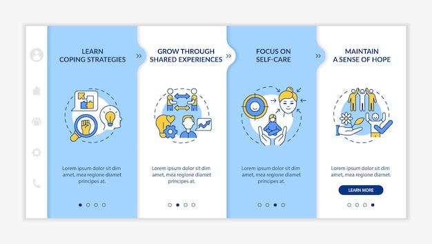 Support group advantages blue and white onboarding template. Coping strategies. Responsive mobile website with linear concept icons. Web page walkthrough 4 step screens. Lato-Bold, Regular fonts used