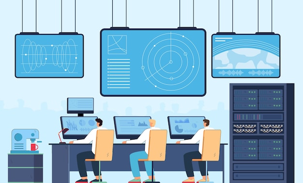 surveillance and control of scientists over launch of spaceship. space flight command from space center with working team of people at computer monitors flat vector illustration. space station concept