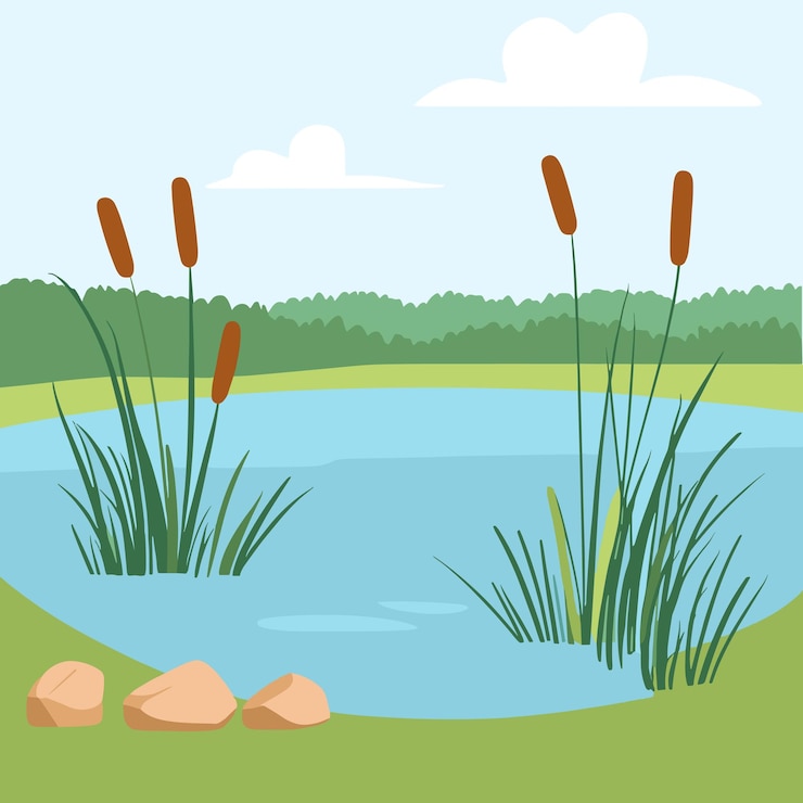 Vektor swamp pond landscape with reed and cattail overgrown pond shore vector