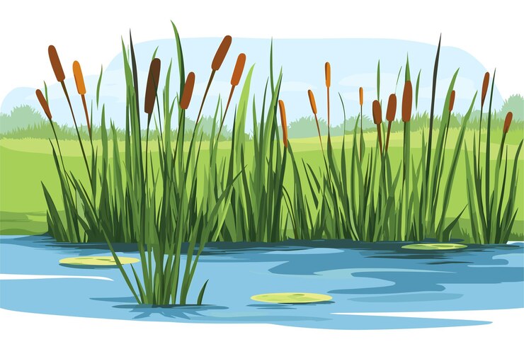 Vektor swamp pond landscape with reed and cattail overgrown pond shore vector